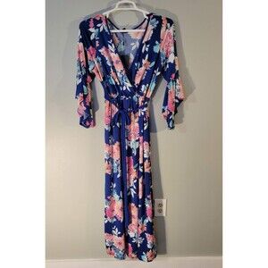 NWT Espresso Blue Floral V Neck Long Sleeve Maxi Dress Size XL